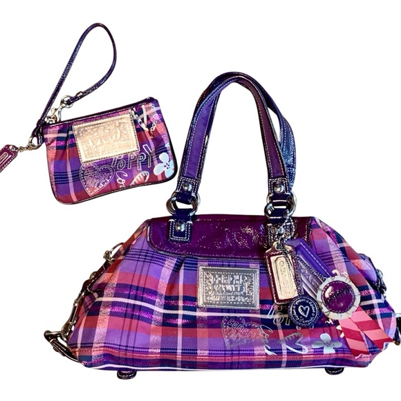 Coach Handbags - Coach Poppy purple tartan plaid convertible shoulder bag / satchel + wristlet